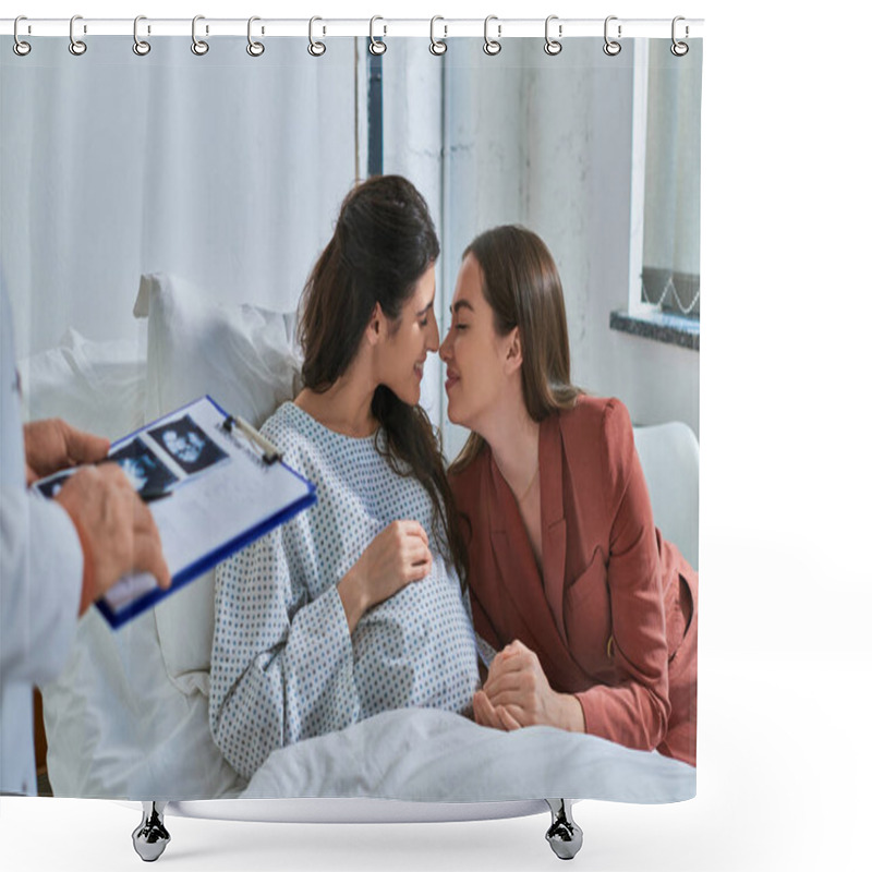 Personality  Happy Lesbian Couple Rubbing Noses At Appointment, Doctor Holding Ultrasound In Hands, Ivf Concept Shower Curtains