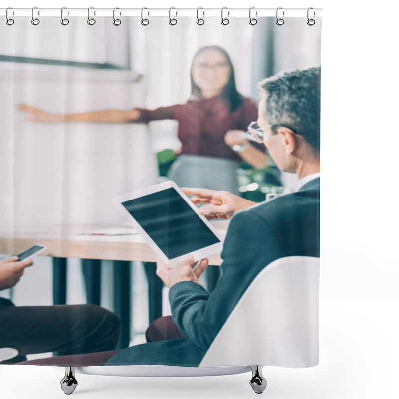 Personality  Close-up Shot Of Businessman With Digital Tablet On Conference Shower Curtains