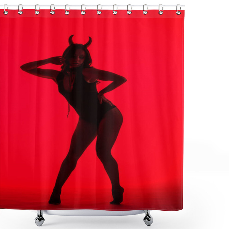 Personality  Silhouette Of Passionate Woman In Devil Costume, Isolated On Red Shower Curtains