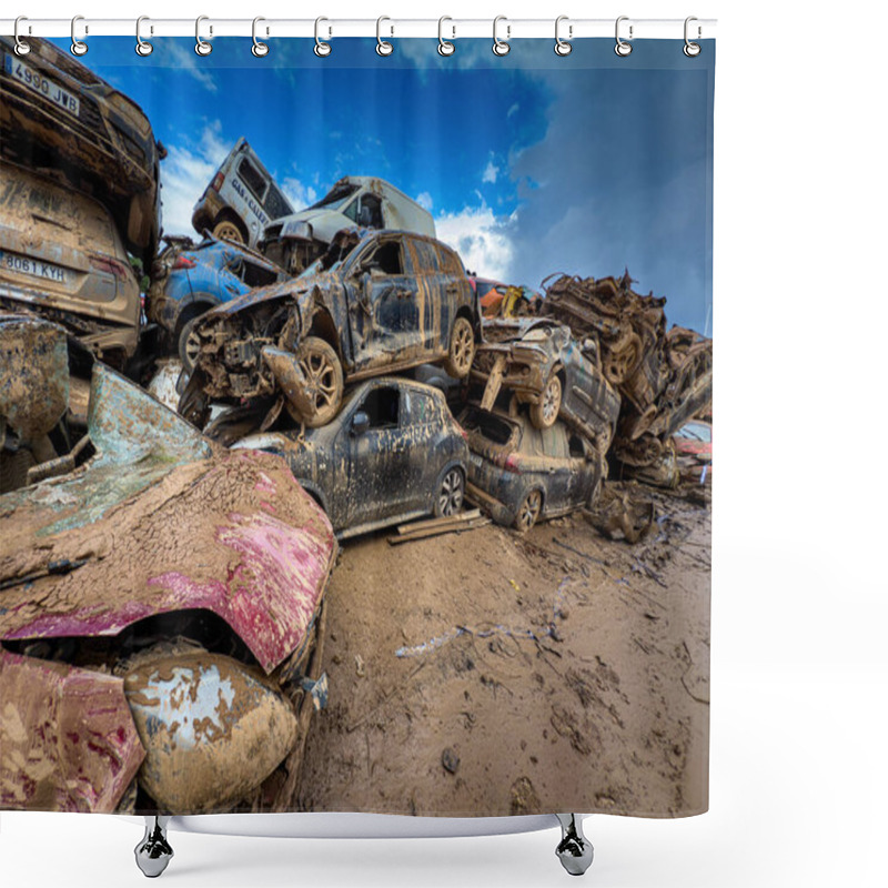 Personality  CATARROJA, VALENCIA SPAIN - DECEMBER 4 2024: After The Dana Floods In Valencia Province On October 29th 2024 Left Massive Wrecked Cars, Impacting Countless Families, Claiming Over 200 Human Lives. Shower Curtains