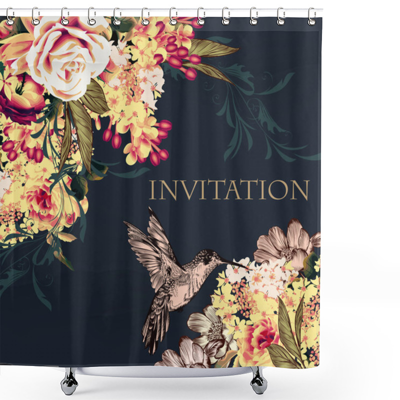 Personality  Beautiful Vector Back With Rose Flowers Hummingbirds Shower Curtains