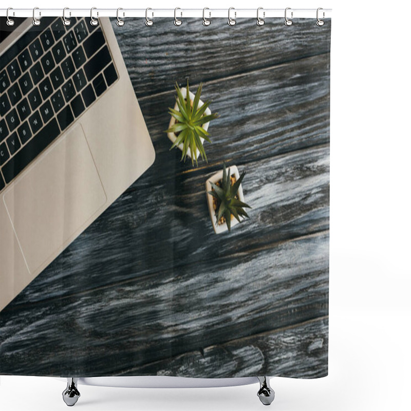 Personality  Top View Of Laptop And House Plants On Dark Wooden Surface Shower Curtains