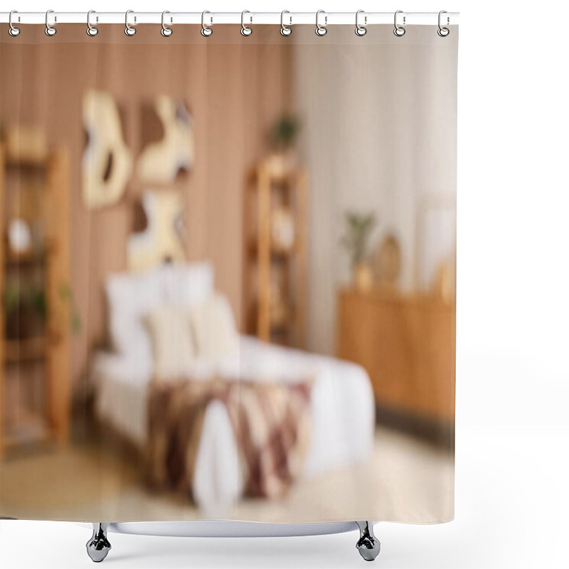 Personality  Blurred View Of Stylish Bedroom With Paintings Shower Curtains