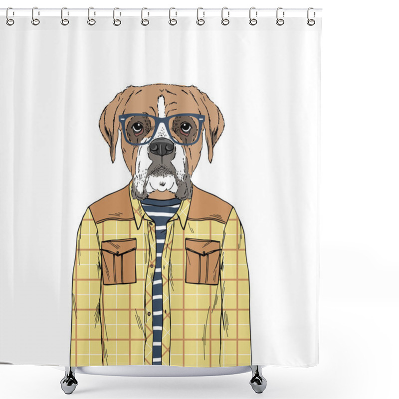 Personality  Boxer Breed Hipster Portrait. Shower Curtains