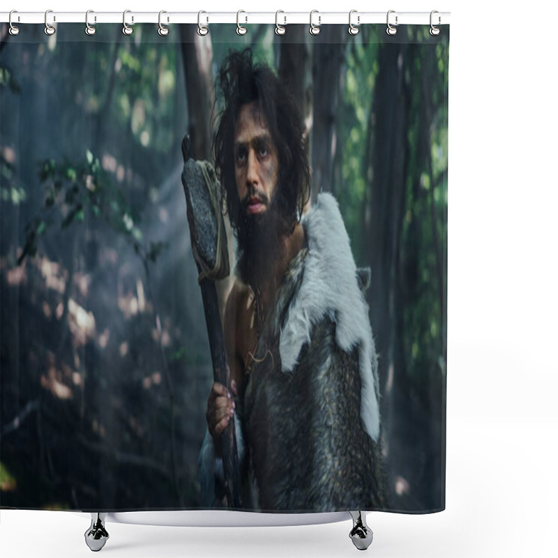 Personality  Portrait Of Primeval Caveman Wearing Animal Skin And Fur Hunting With A Stone Tipped Hammer In The Prehistoric Forest. Prehistoric Neanderthal Ready To Attack Prey Shower Curtains