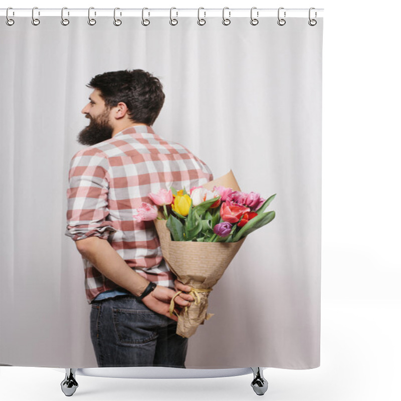 Personality  Back Side Of Handsome Young Man With Beard  And Nice Bouquet Of Flowers Against White Background Shower Curtains