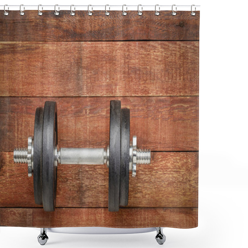 Personality  Heavy Iron Dumbbell On A Rustic Wood Background - Fitness Concept Shower Curtains