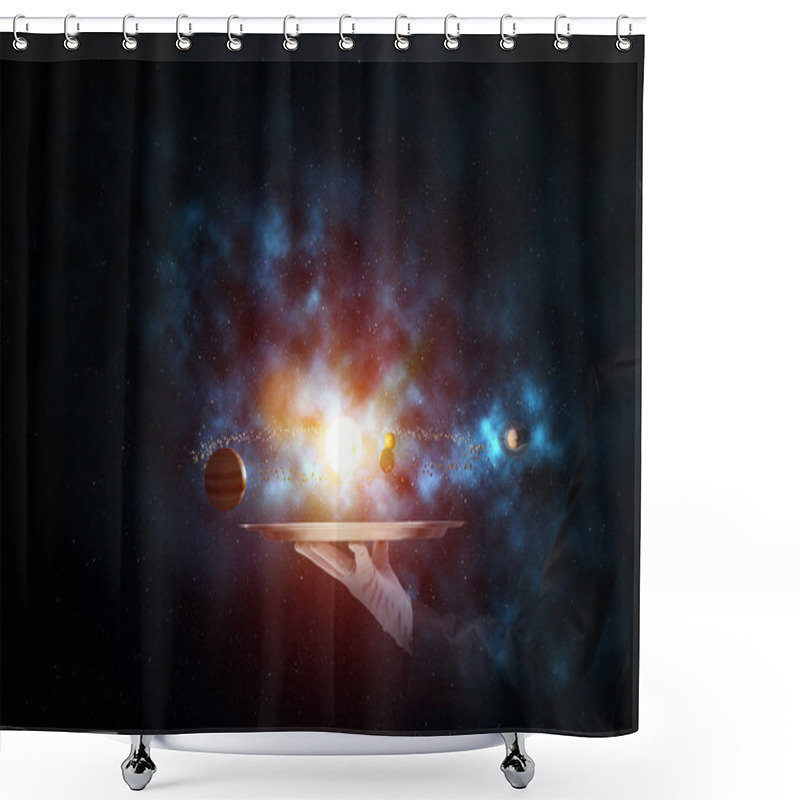 Personality  Cropped Image Of Waitress's Hand In White Glove Presenting Glowing Solar System On Metal Tray With Dark Cosmic Background. 3D Rendering. Shower Curtains