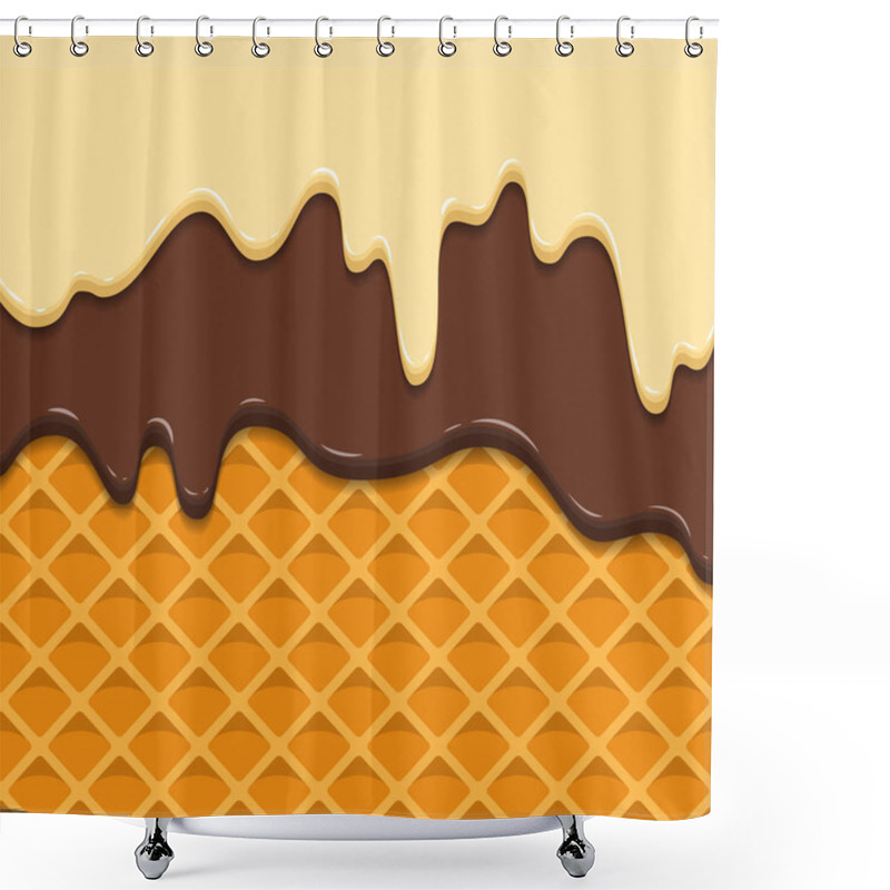 Personality  Pattern Waffle Texture Melts Frosting Ice Cream Dripping. Glossy Streaks Chocolate Vanilla Cream Crispy Cone. Cartoon Picture For Web, Advertising, Banner, Business Card. Vector Illustration. Shower Curtains