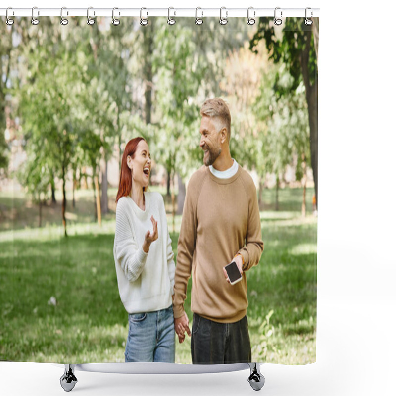 Personality  An Adult Loving Couple In Casual Attires Taking A Walk Through A Serene Park. Shower Curtains