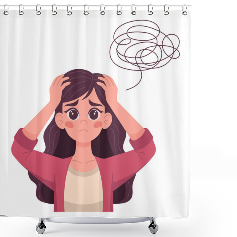 Personality  A Girl With Confused Thoughts Holds Her Head With Her Hand. Concept Of Mental Illness, Personality Disorder Shower Curtains