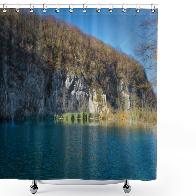 Personality  Plitvice Lake, Surrounded By Lush Forests And Stunning Rocky Cliffs, Showcases Crystal-clear Waters Reflecting Vibrant Autumn Colors. Shower Curtains