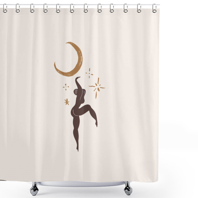 Personality  Silhouette Of Beautiful Young Dancind Witch Silhouette With Moon And Stars. Woman Power, Feminism Print. Girl Freedom Concept. Vector Illustration. Clipart Shower Curtains