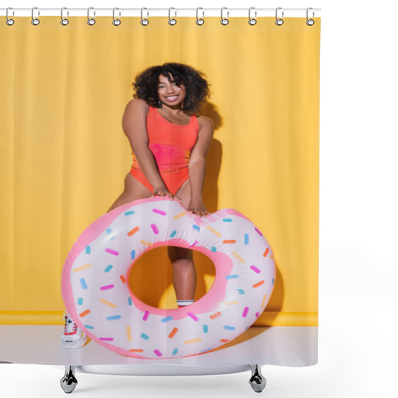 Personality  Happy African American Woman In Swimsuit Posing Near Inflatable Ring On Yellow Background Shower Curtains