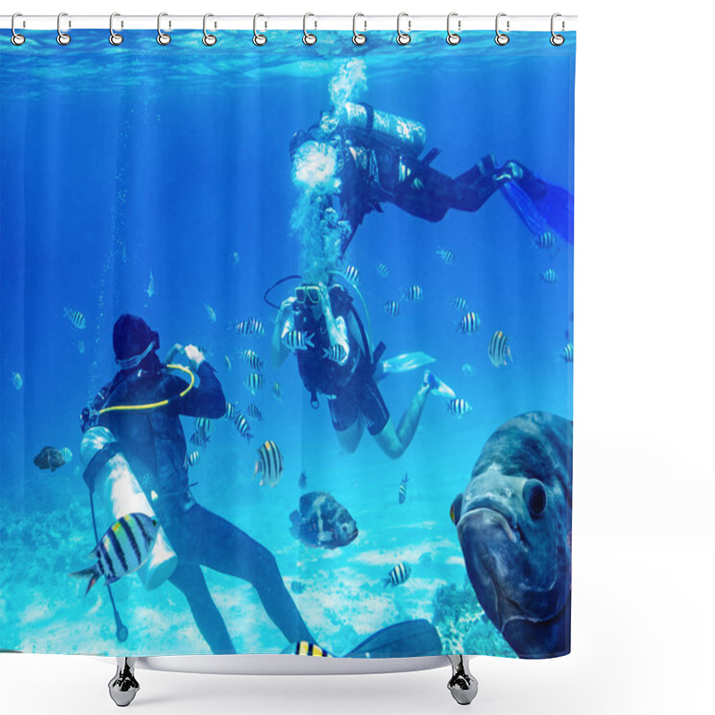 Personality  Diver Swimming Underwater With Coral Reefs Shower Curtains