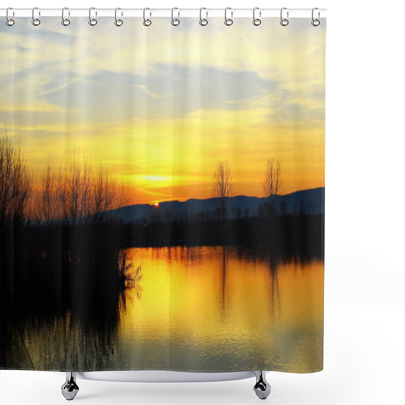 Personality  Sunset On The Lake. Shower Curtains