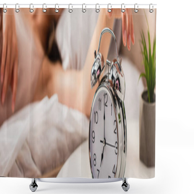 Personality  Website Header Of Woman Touching Retro Alarm Clock  Shower Curtains