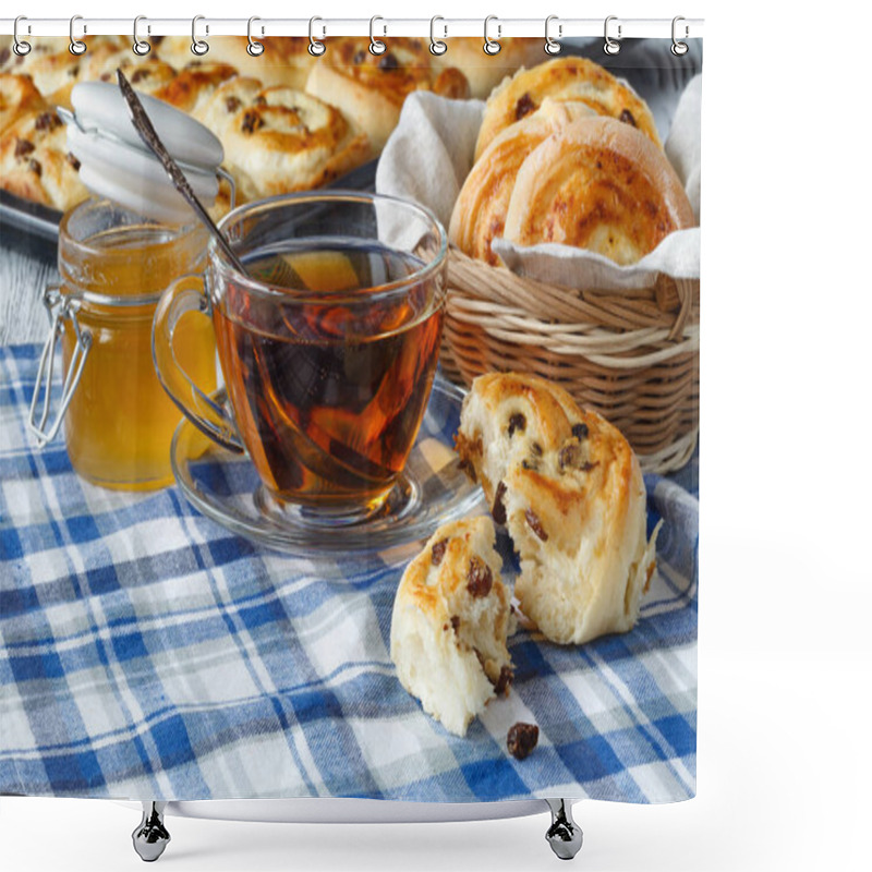 Personality  Good Morning. Good Mood. Freshly Baked Buns With Raisins. Tasty  Shower Curtains