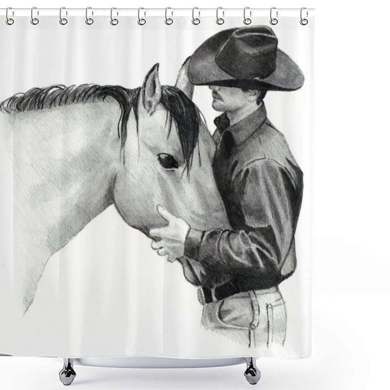 Personality  Pencil Drawing Of Cowboy And Horse Shower Curtains