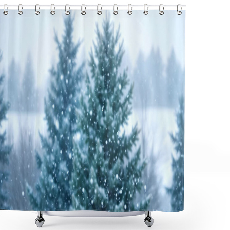 Personality  4K Winter Blurred Background With Pine Trees And Falling Snow. Shower Curtains