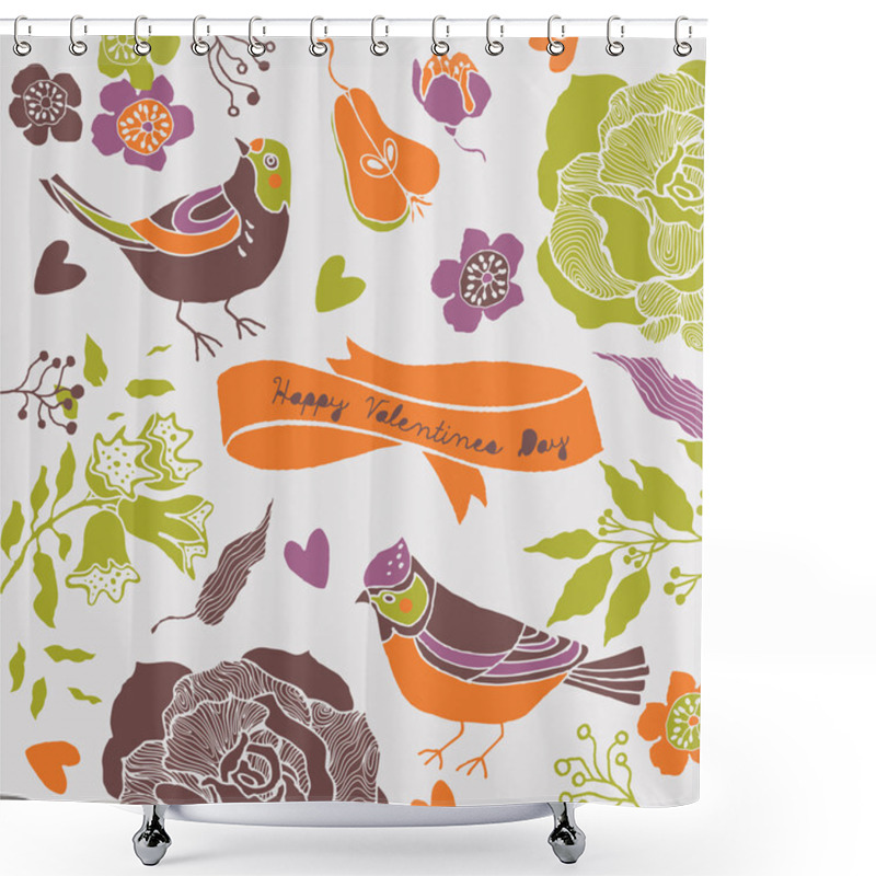 Personality  Illustration Of Birds, Flowers, Cut Out Hearts Shower Curtains