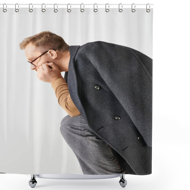 Personality  Stylish Man In Suit And Glasses Leans Against A Wall. Shower Curtains