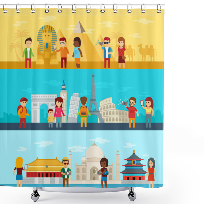 Personality  People Travel Around World, Tourists Looking And Taking A Picture Of Sights In Famous World Landmarks Icons Egypt, Europe And Asia. Shower Curtains