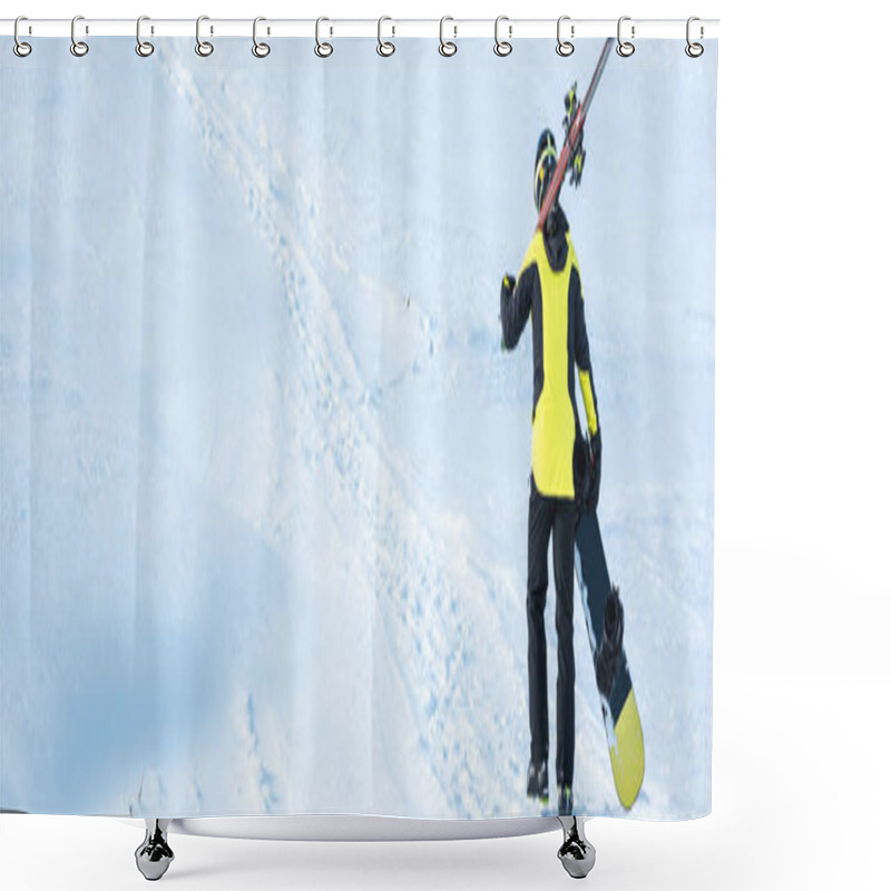 Personality  Panoramic Shot Of Skier In Helmet Walking With Sticks On White Snow In Mountains  Shower Curtains