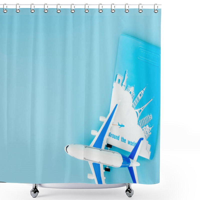 Personality  Passport And Airplane On Light Blue Background.Summer Or Vacation Concept. Copy Space Shower Curtains