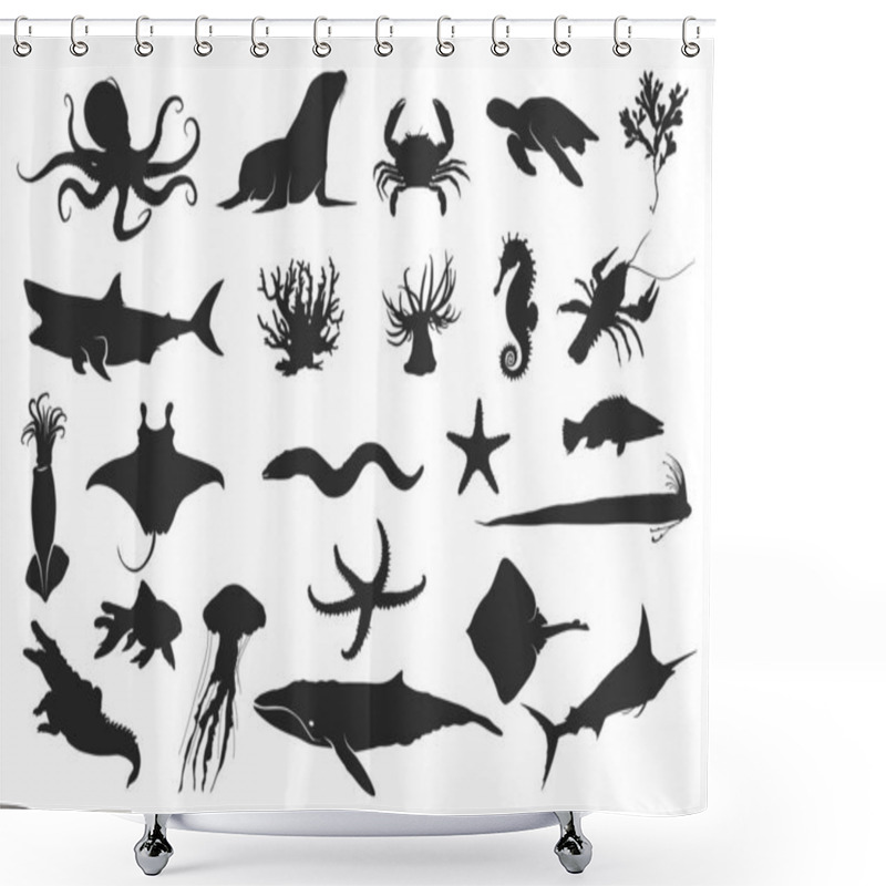 Personality  Sea Animal Silhouette, Ocean Animal Silhouette, Black Silhouettes Of Fish, Seahorse, Shells, Octopus, Squid, Jellyfish, Dolphins, Starfish, Turtles, Sharks, Whales, Crabs, Seals,eel And Stingrays, Sea Animal Svg, Animal Vector Clipart, Sea Life. Shower Curtains