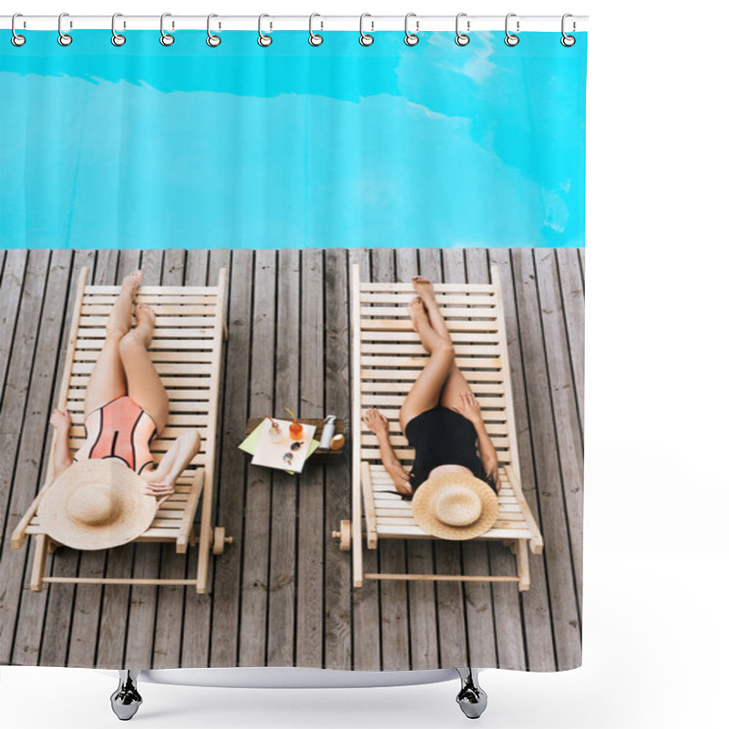 Personality  High Angle View Of Young Women In Swimwear And Hats Lying On Chaise Lounges Near Swimming Pool  Shower Curtains