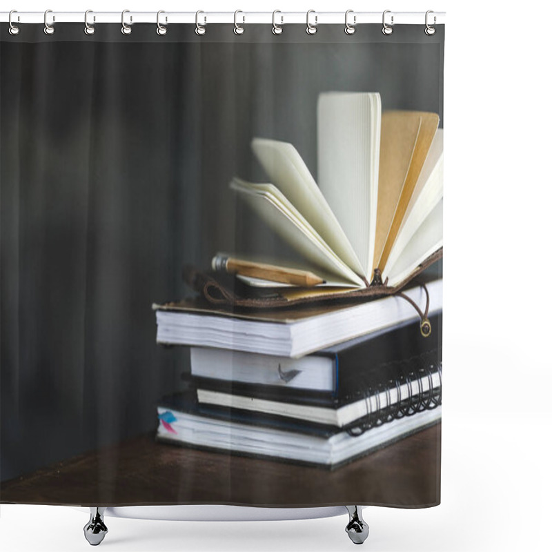 Personality  Stack Of Books And Diaries On Dark Grey With Copy Space Shower Curtains