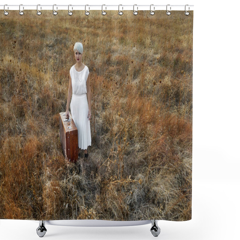 Personality  Lonely Woman With A Suitcase Walking In The Field An Autumn Day. Shower Curtains