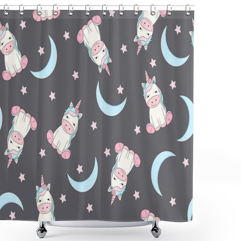 Personality  Unicorn Seamless Pattern With Moon And Stars. Cartoon Vector Illustration. Shower Curtains