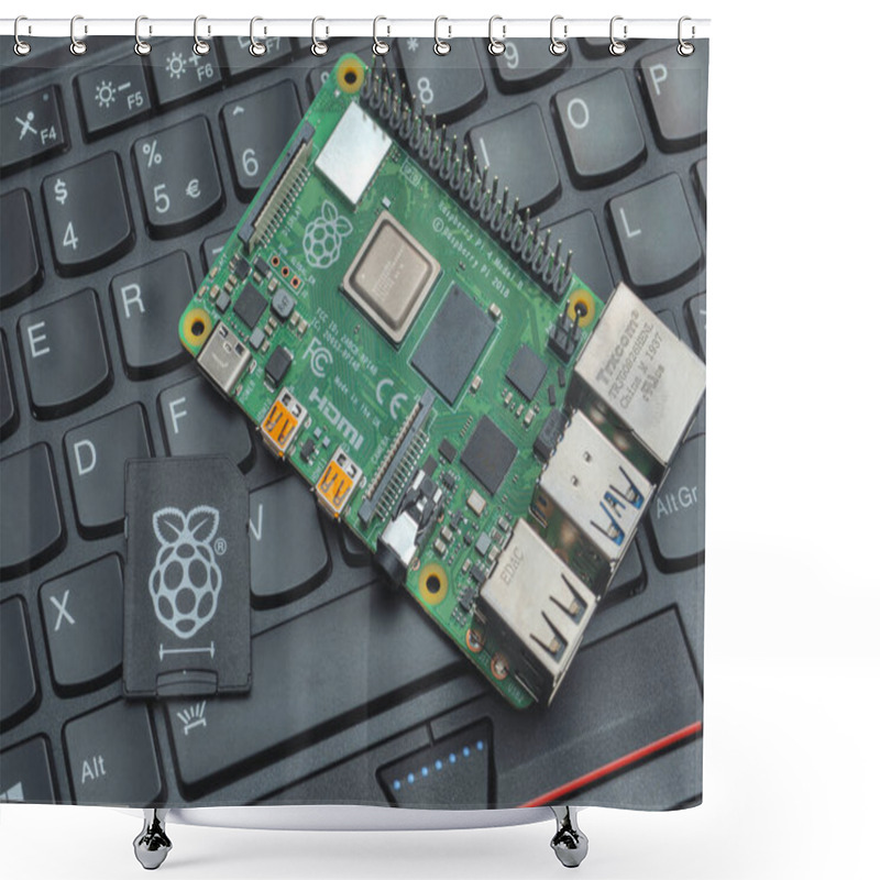 Personality  Galati, ROMANIA - March 20, 2020: Close-up Of A Raspberry Pi 4 Model-B On A Laptop Keyboard. The Raspberry Pi Is A Credit-card-sized Single-board Computer Developed In The UK Shower Curtains