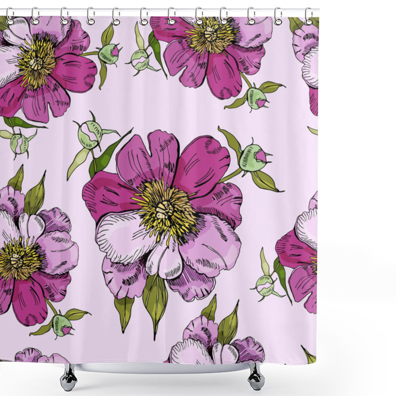 Personality  Seamless Pattern  With  Pink Flowers Of Peony. Hand Drawn Ink Sketch. Color Objects On  Pink  Background. Shower Curtains