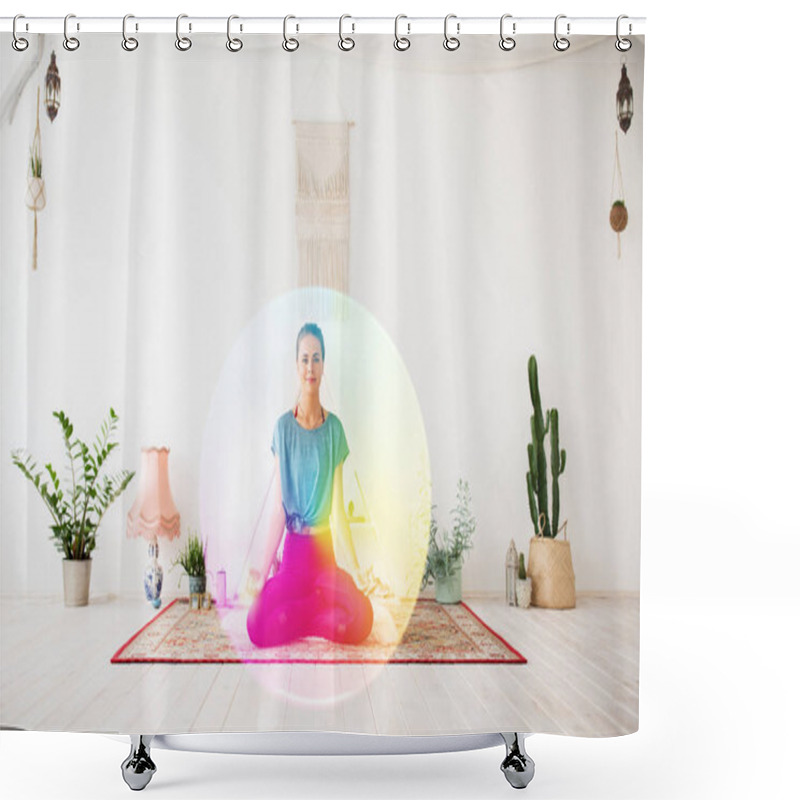 Personality  Woman Meditating In Lotus Pose At Yoga Studio Shower Curtains