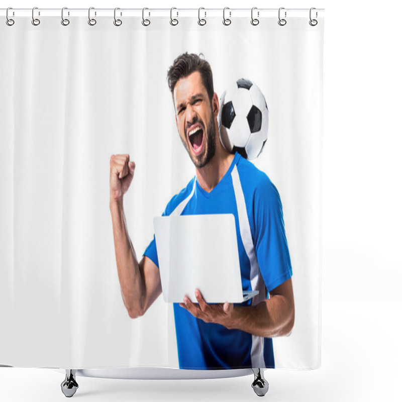 Personality  Soccer Player With Ball Using Laptop And Cheering Isolated On White Shower Curtains