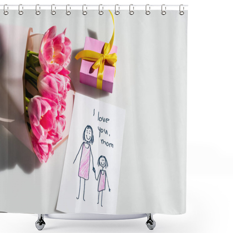 Personality  Bouquet Of Tulips Near Small Gift Box And Greeting Card With I Love You Mom Lettering On White Shower Curtains