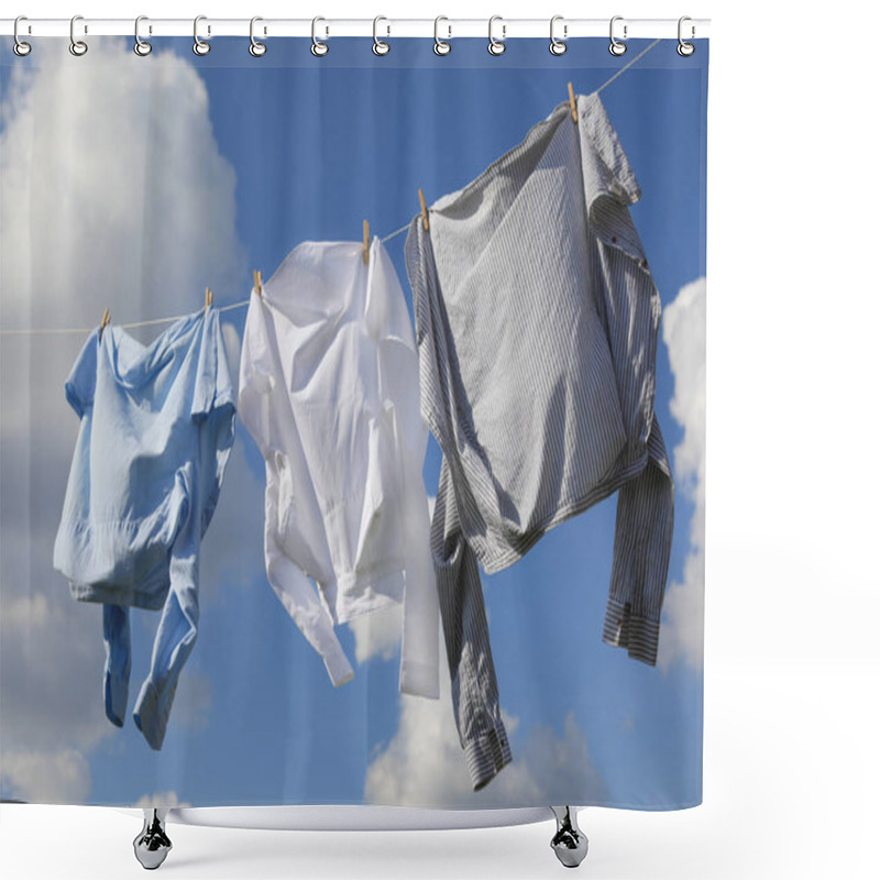 Personality  Clean Clothes Hanging On Washing Line Against Sky. Drying Laundry Shower Curtains