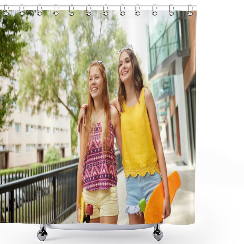 Personality  Teenage Girls With Short Skateboards In City Shower Curtains