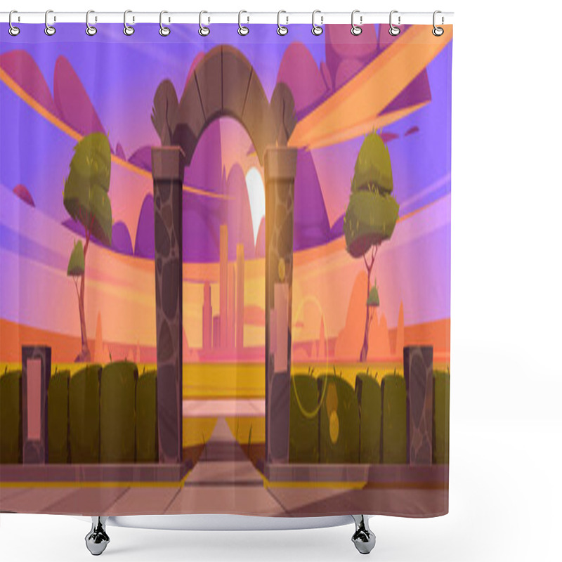 Personality  Sunset Landscape With Stone Arch Entrance To Park Shower Curtains