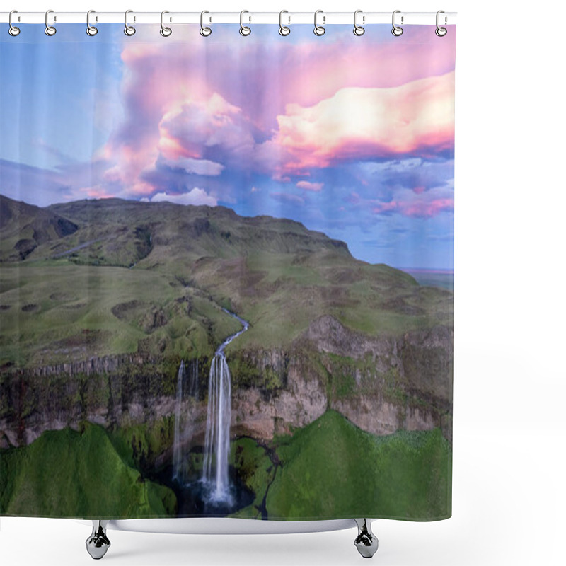 Personality  Aerial View Of Serene Seljalandsfoss Waterfall Cascades Over Lush Greenery, Surrounded By Dramatic Cliffs Under A Breathtakingly Vibrant Sunset Sky In Area Of Golden Circle In Iceland Shower Curtains