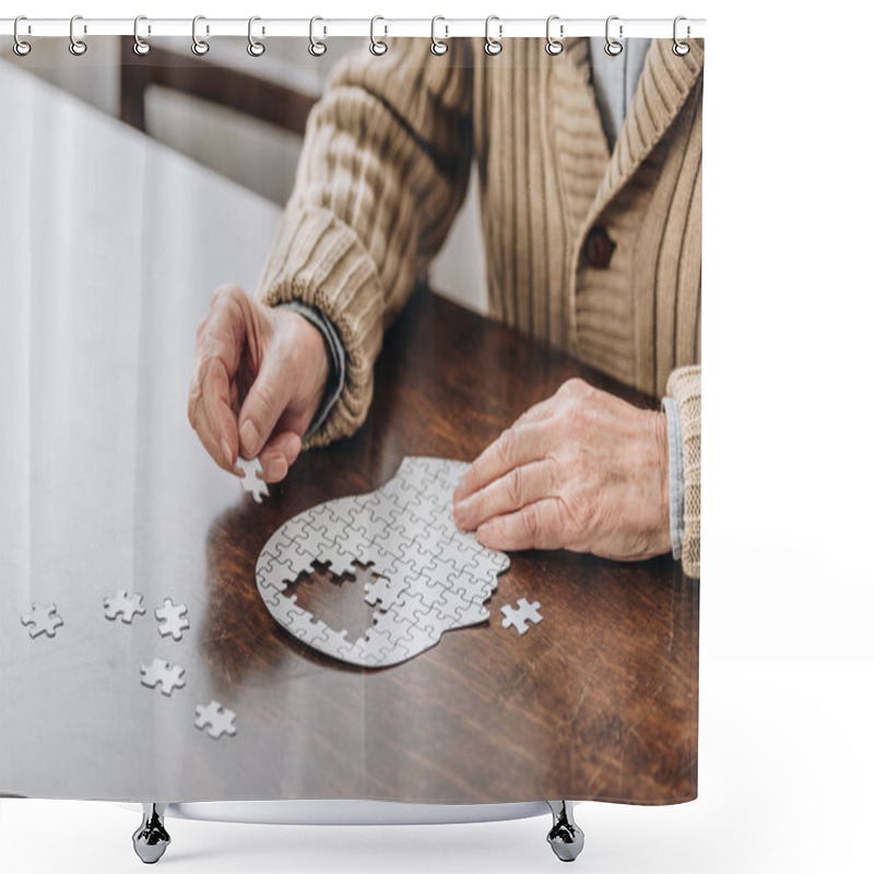 Personality  Cropped View Of Senior Man Playing With Puzzles  Shower Curtains