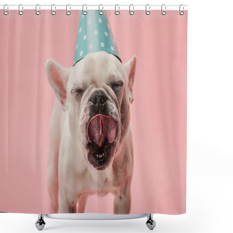 Personality  French Bulldog In Blue Birthday Cap With Closed Eyes On Pink Background Shower Curtains