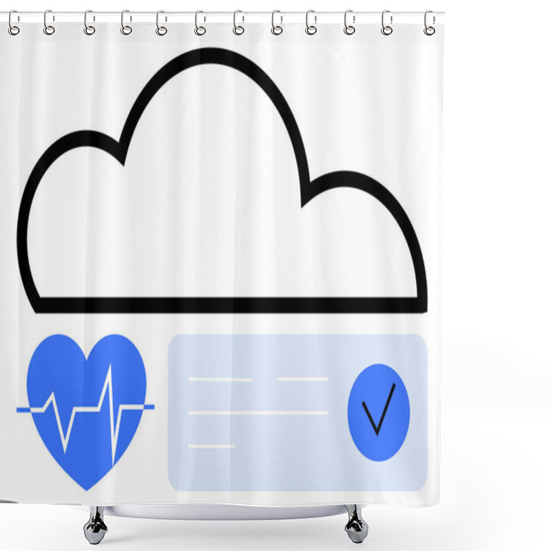 Personality  Cloud Icon With A Heartbeat Graph Inside A Heart Symbol, Accompanied By A Checkmark And A Data Card. Ideal For Health Tech, Cloud Services, Data Storage, Healthcare, Medical Apps, Wellness, Digital Shower Curtains