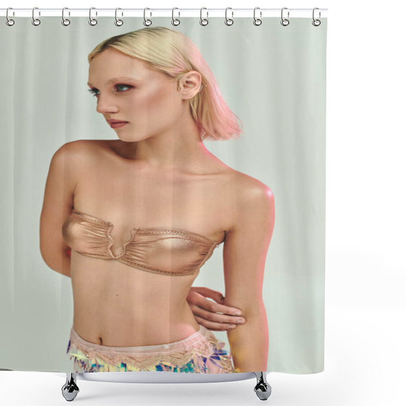 Personality  A Fashionable Young Woman Showcases Her Unique Holographic Outfit With Confidence. Shower Curtains