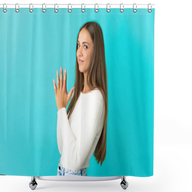 Personality  Young Woman Over Isolated Blue Background Scheming Something Shower Curtains