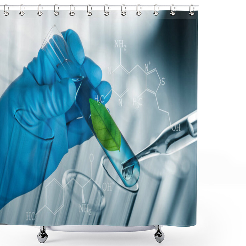 Personality  Green Leaf In Laboratory Test Tube In Scientist Hand Isolated On Shower Curtains