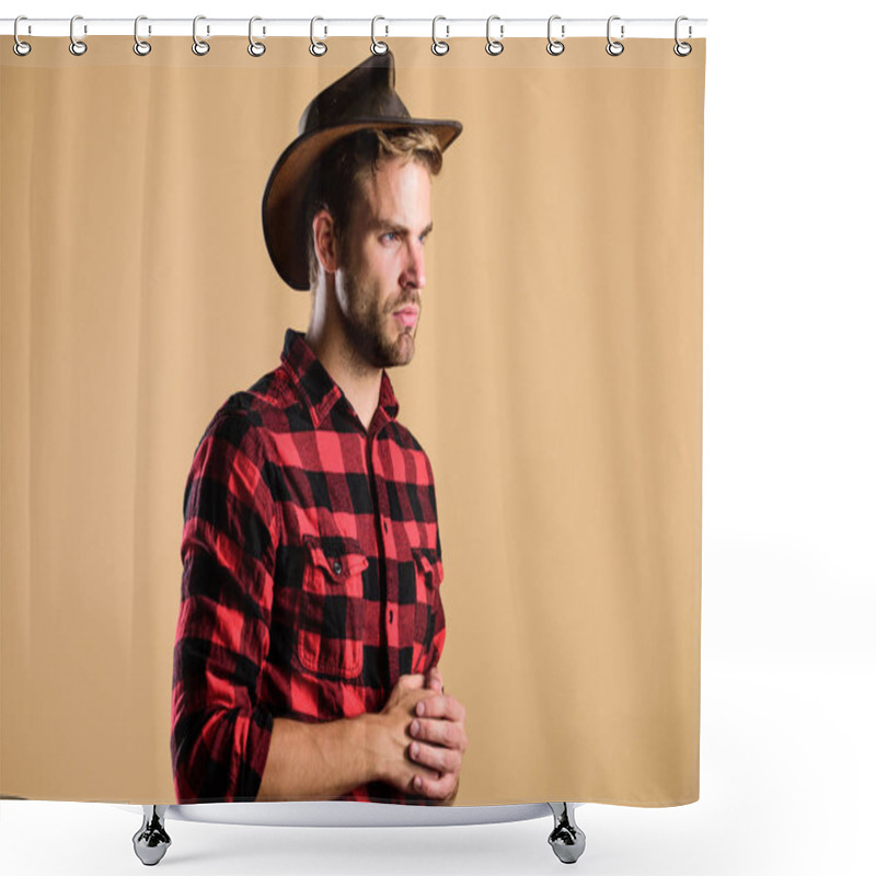 Personality  American Cowboy. Western Life. Man Unshaven Cowboy Beige Background. Unshaven Guy In Cowboy Hat. Handsome Bearded Macho. Beauty Standard. Example Of True Masculinity. Cowboy Wearing Hat Shower Curtains